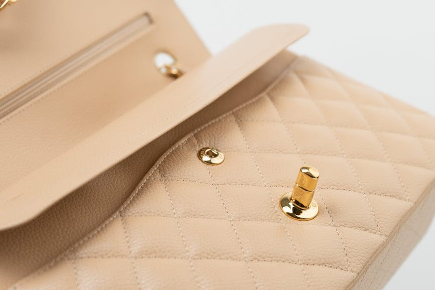CHANEL Handbag Beige Clair Caviar Quilted Classic Double Flap Medium Gold Hardware - Redeluxe