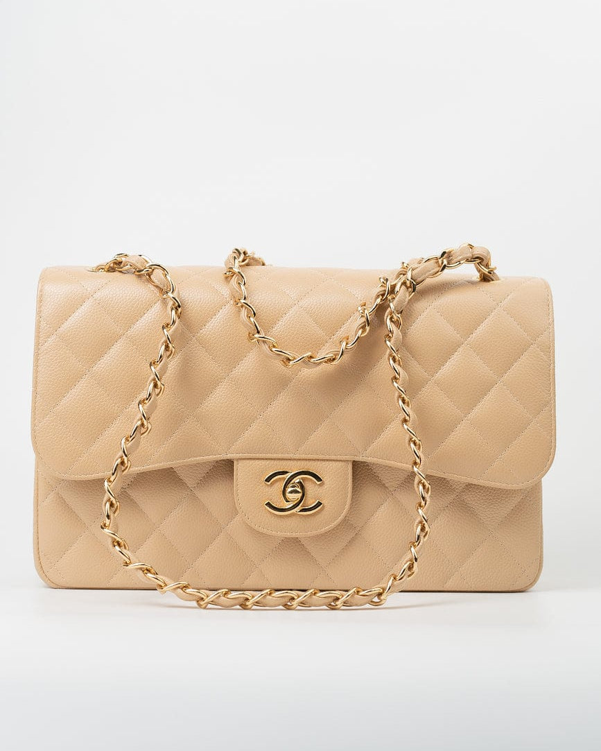 CHANEL Handbag Beige Clair Caviar Quilted Classic Flap Jumbo GHW - Redeluxe