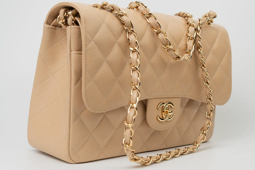 CHANEL Handbag Beige Clair Caviar Quilted Classic Flap Jumbo GHW - Redeluxe