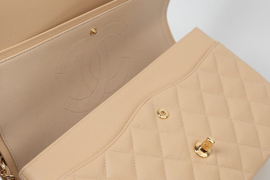 CHANEL Handbag Beige Clair Caviar Quilted Classic Flap Jumbo GHW - Redeluxe