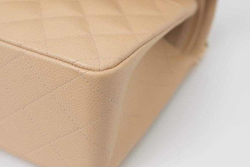 CHANEL Handbag Beige Clair Caviar Quilted Classic Flap Jumbo GHW - Redeluxe