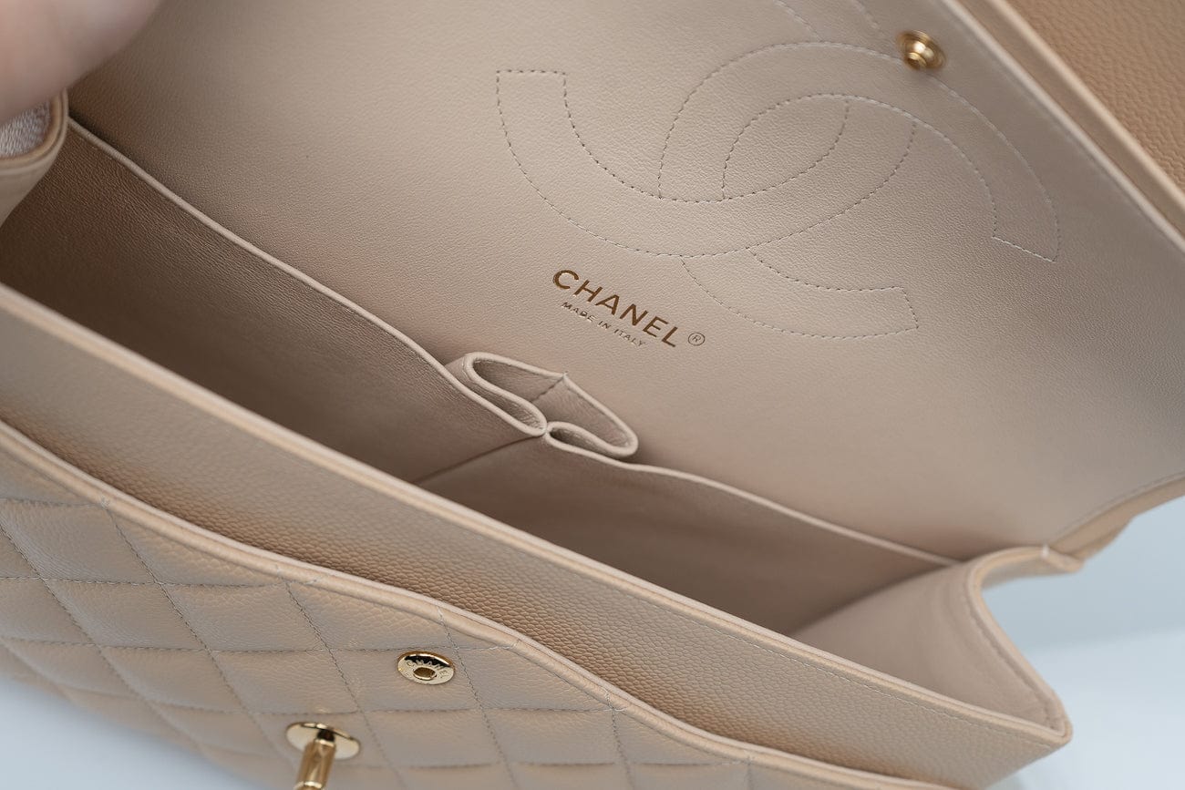 CHANEL Handbag Beige Clair Caviar Quilted Classic Flap Jumbo GHW - Redeluxe