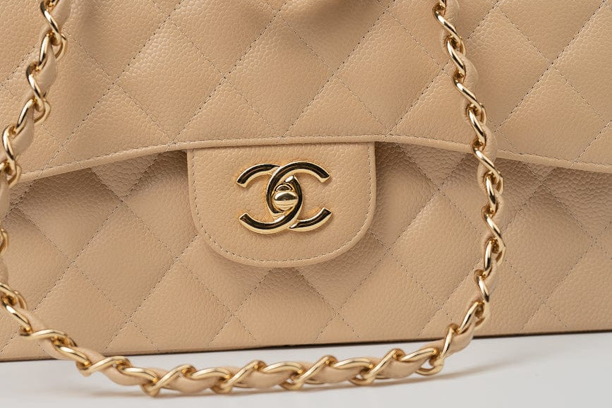 CHANEL Handbag Beige Clair Caviar Quilted Classic Flap Jumbo GHW - Redeluxe