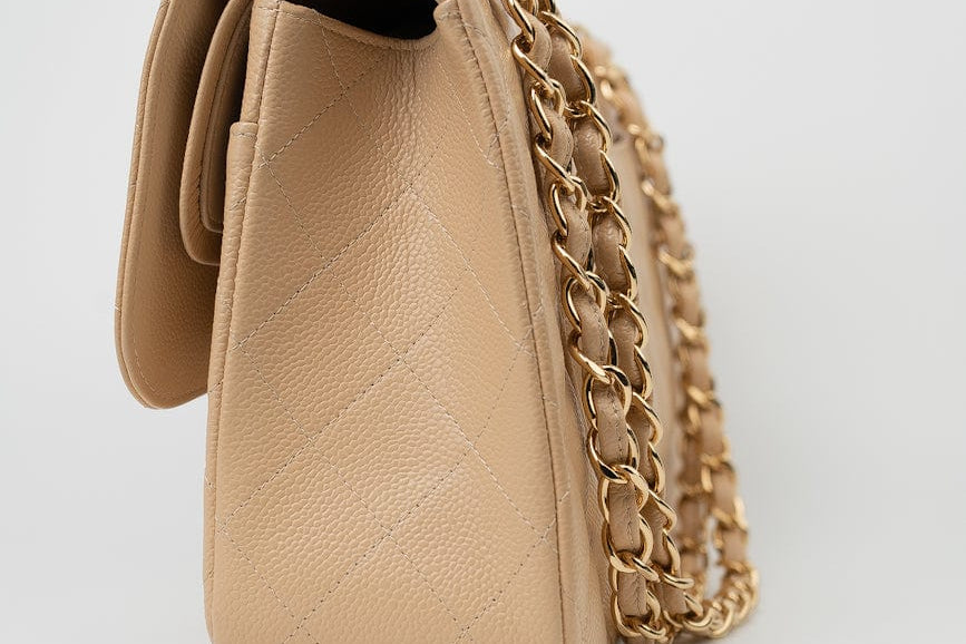 CHANEL Handbag Beige Clair Caviar Quilted Classic Flap Jumbo GHW - Redeluxe
