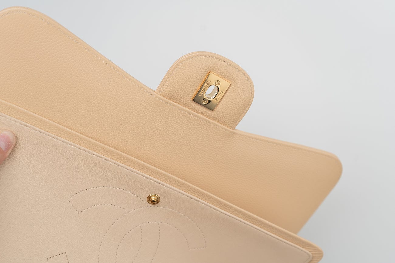 CHANEL Handbag Beige Clair Caviar Quilted Classic Flap Jumbo GHW - Redeluxe