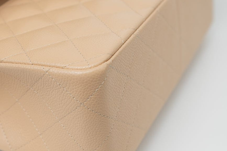 CHANEL Handbag Beige Clair Caviar Quilted Classic Flap Jumbo GHW - Redeluxe