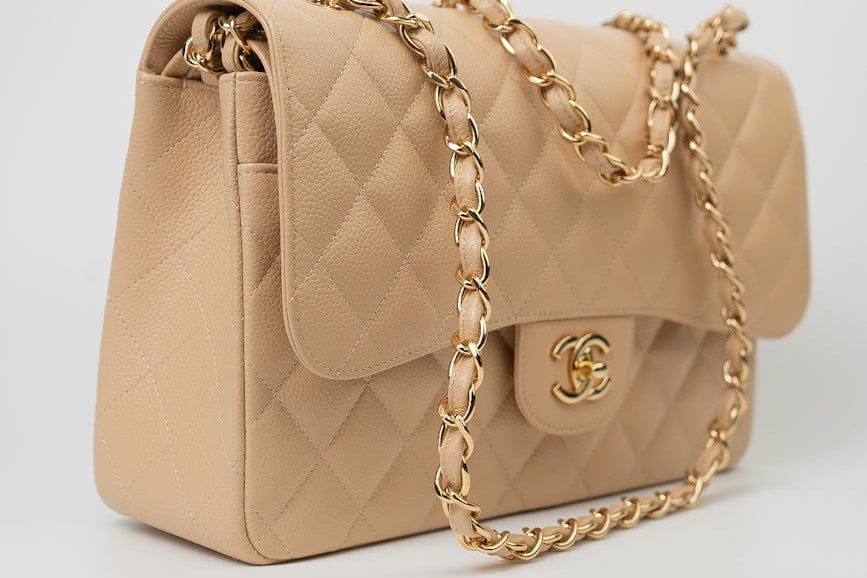 CHANEL Handbag Beige Clair Caviar Quilted Classic Flap Jumbo GHW - Redeluxe