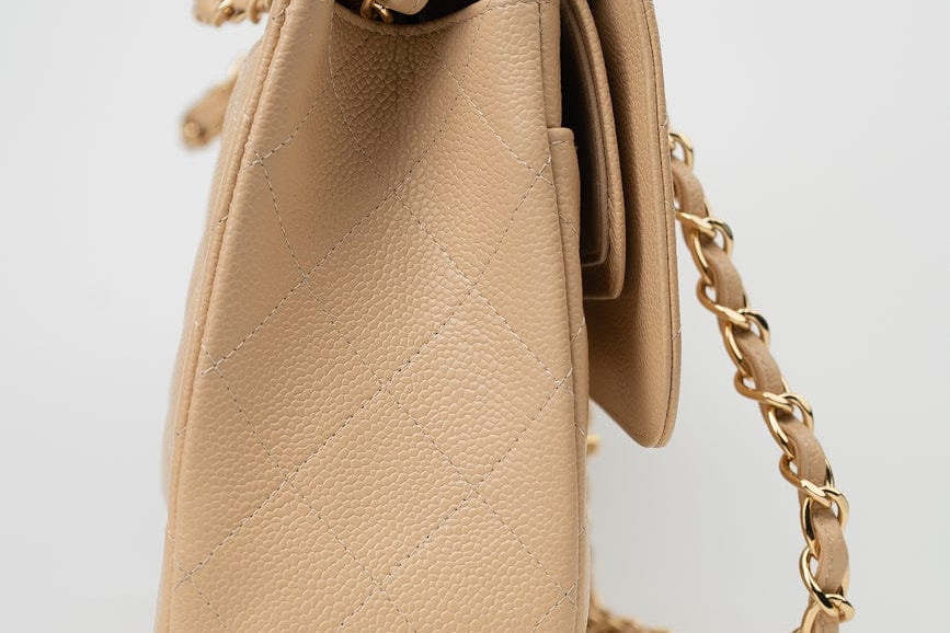 CHANEL Handbag Beige Clair Caviar Quilted Classic Flap Jumbo GHW - Redeluxe