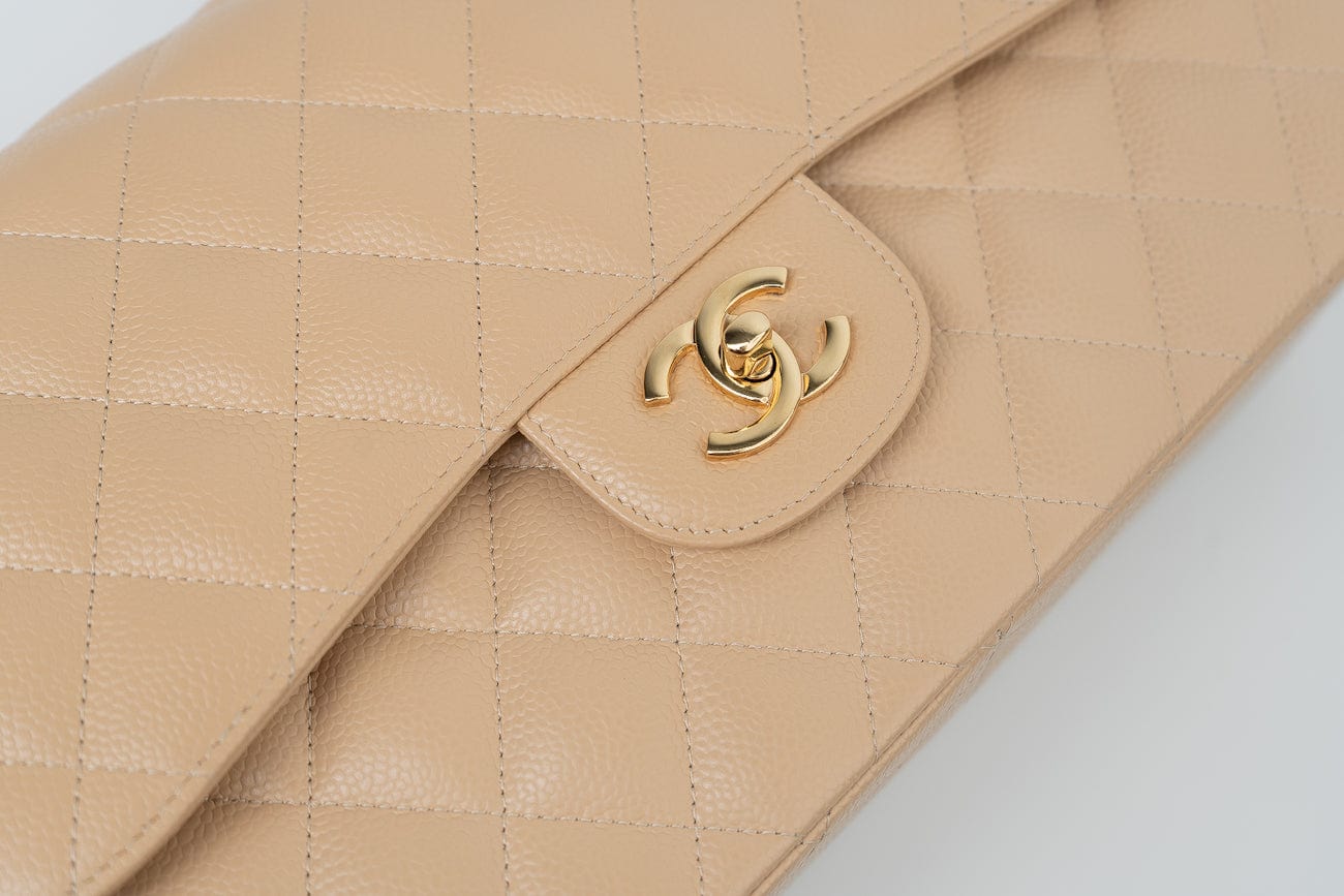 CHANEL Handbag Beige Clair Caviar Quilted Classic Flap Jumbo GHW - Redeluxe
