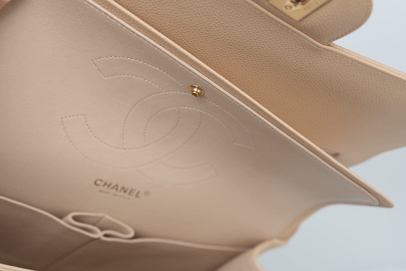 CHANEL Handbag Beige Clair Caviar Quilted Classic Flap Jumbo GHW - Redeluxe
