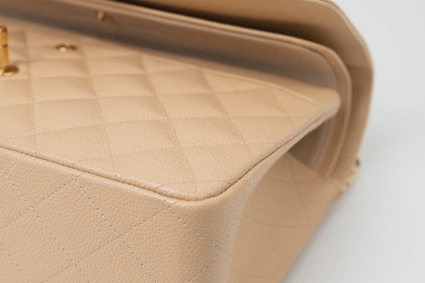 CHANEL Handbag Beige Clair Caviar Quilted Classic Flap Jumbo GHW - Redeluxe