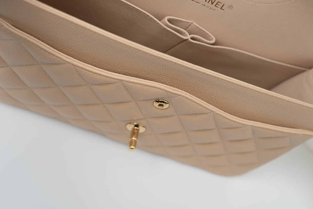 CHANEL Handbag Beige Clair Caviar Quilted Classic Flap Jumbo GHW - Redeluxe
