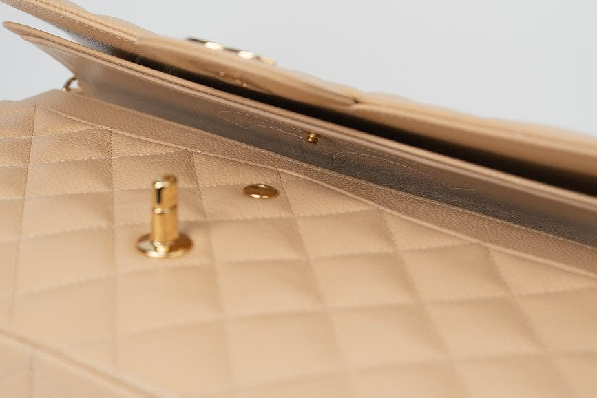 CHANEL Handbag Beige Clair Caviar Quilted Classic Flap Jumbo GHW - Redeluxe