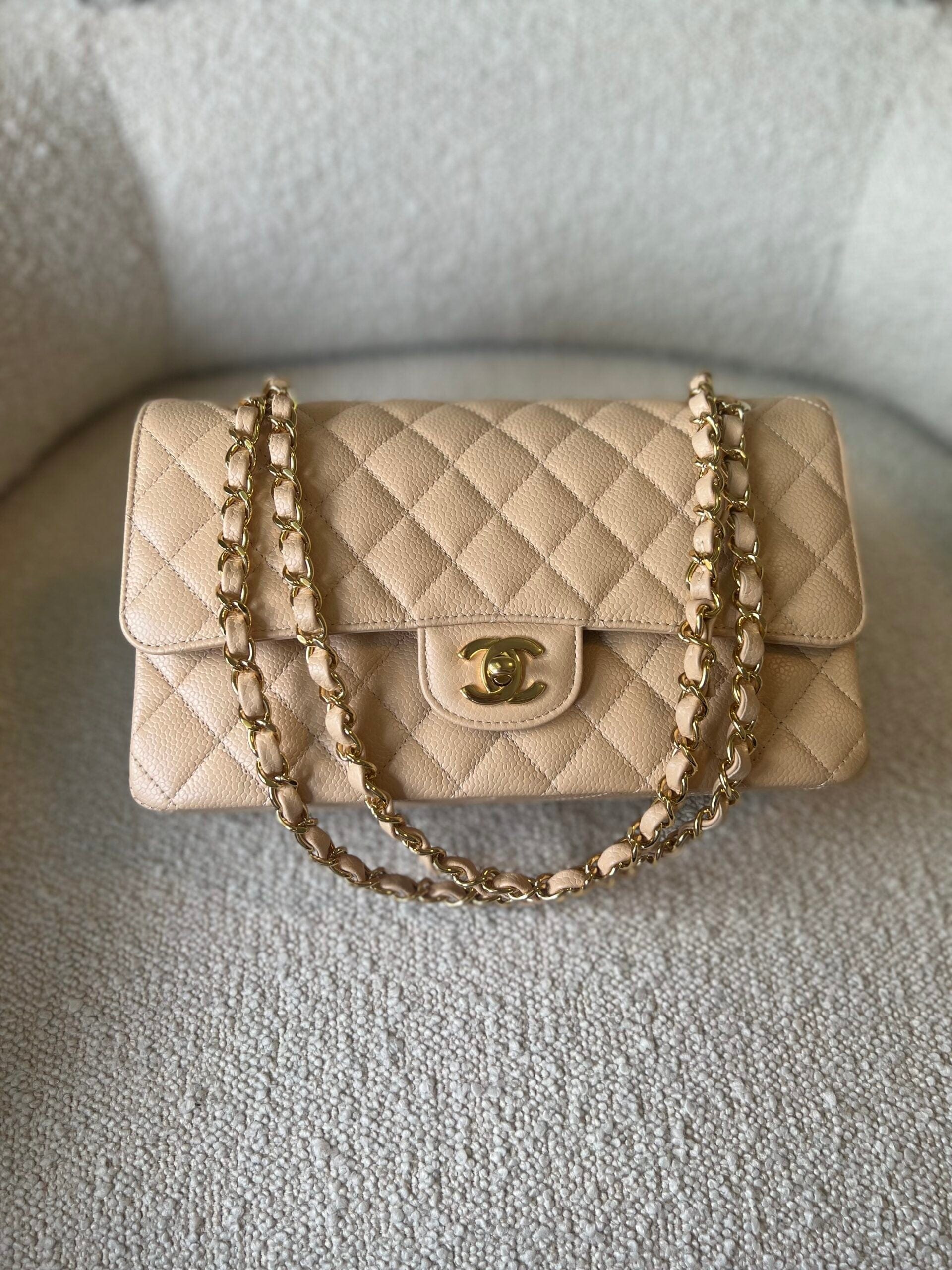 Beige Clair Caviar Quilted Classic Flap Medium GHW REDELUXE