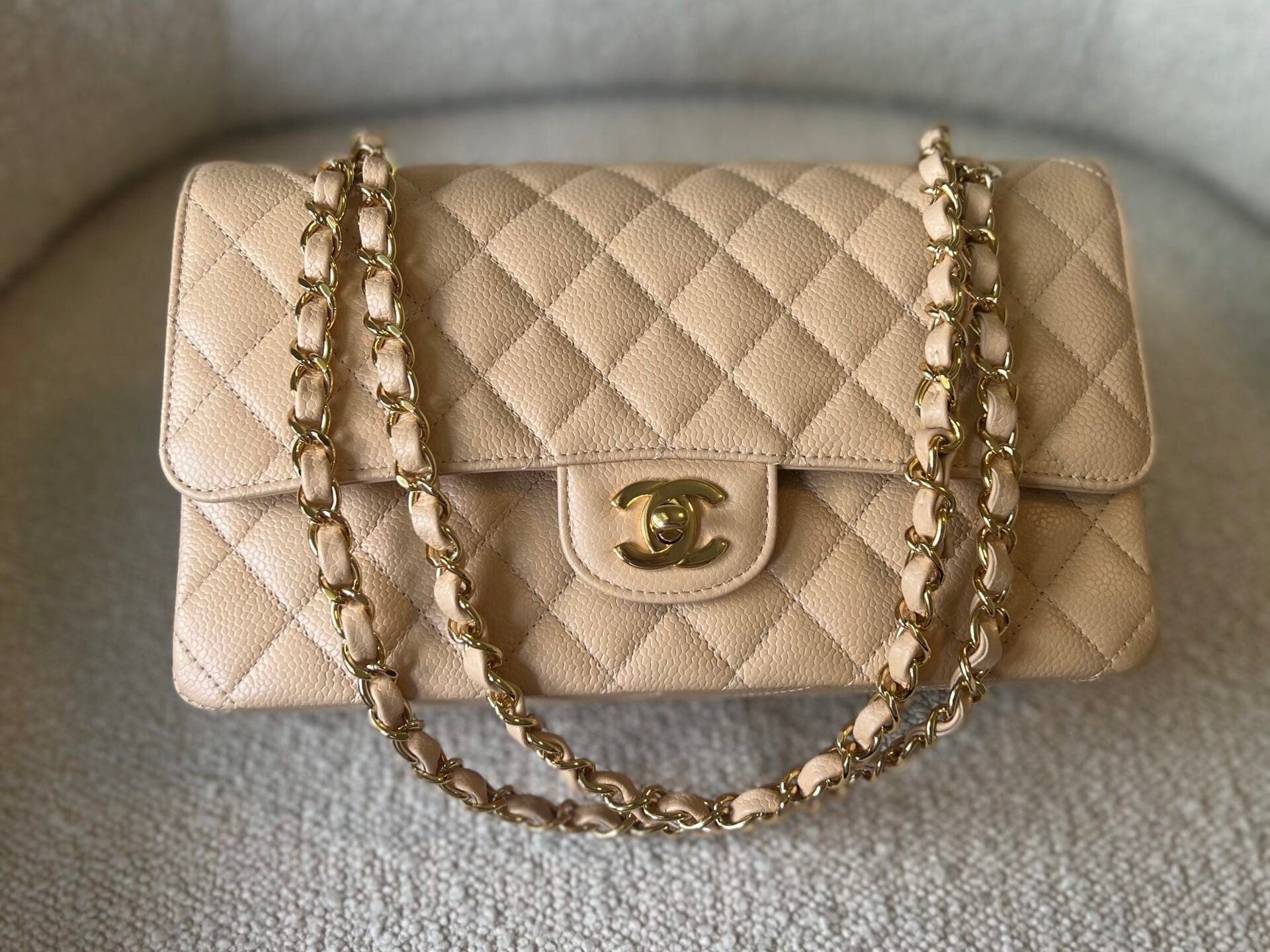 CHANEL Handbag Beige Clair Caviar Quilted Classic Flap Medium GHW - Redeluxe