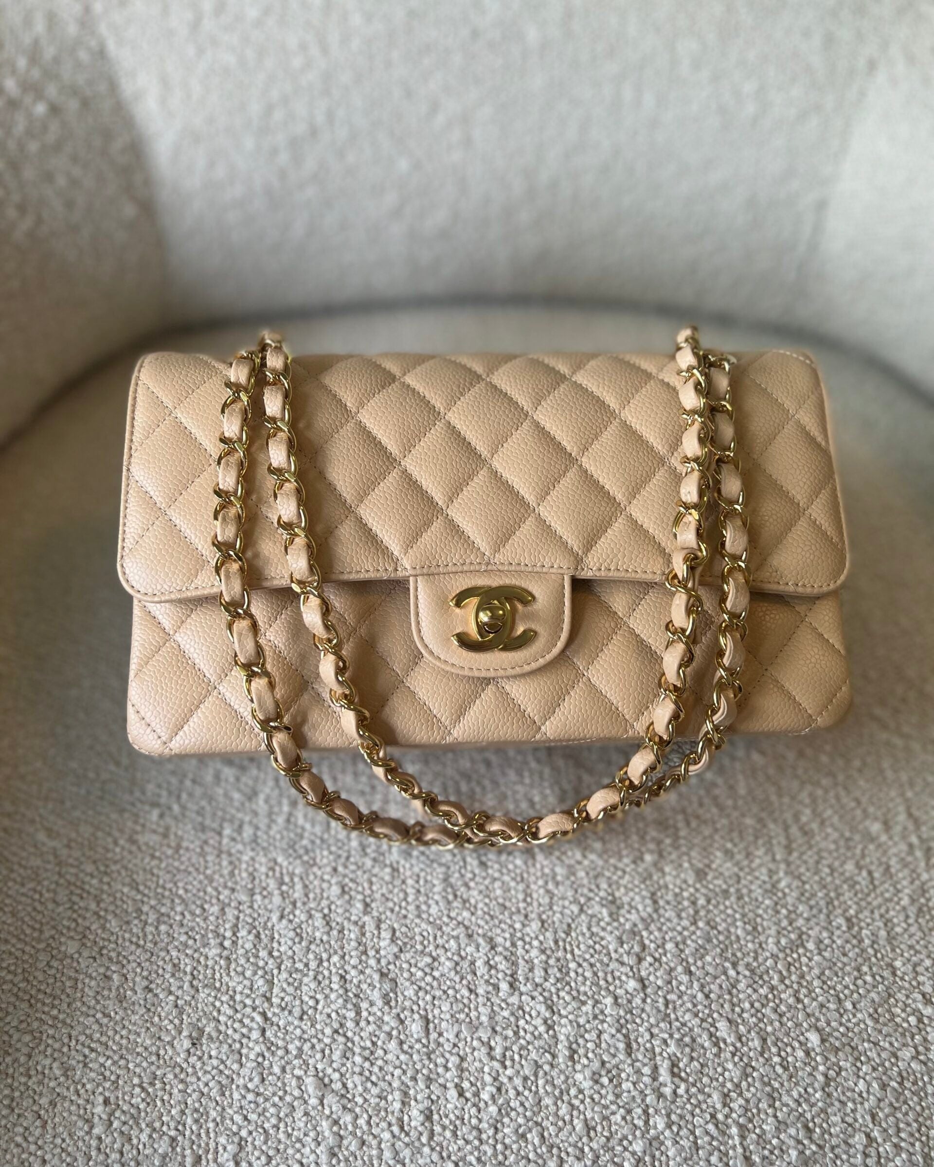 CHANEL Handbag Beige Clair Caviar Quilted Classic Flap Medium GHW - Redeluxe