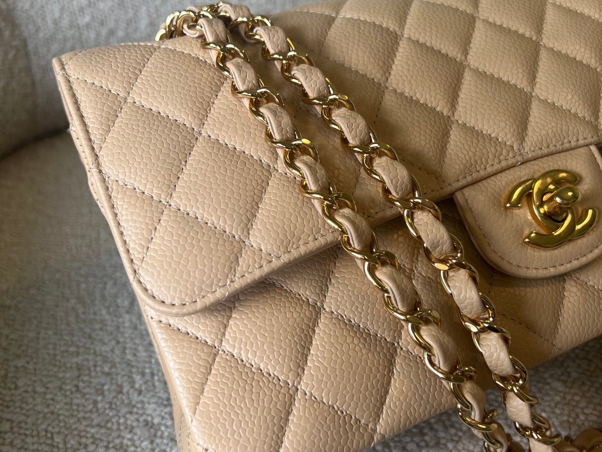 CHANEL Handbag Beige Clair Caviar Quilted Classic Flap Medium GHW - Redeluxe
