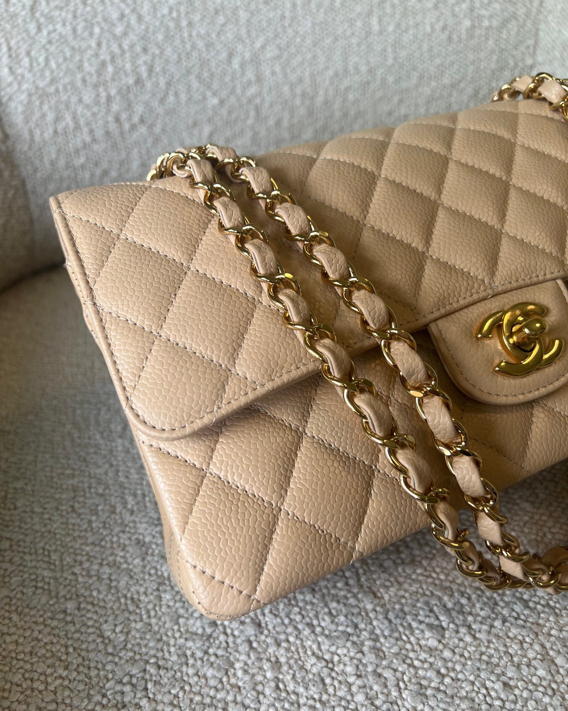 CHANEL Handbag Beige Clair Caviar Quilted Classic Flap Medium GHW - Redeluxe