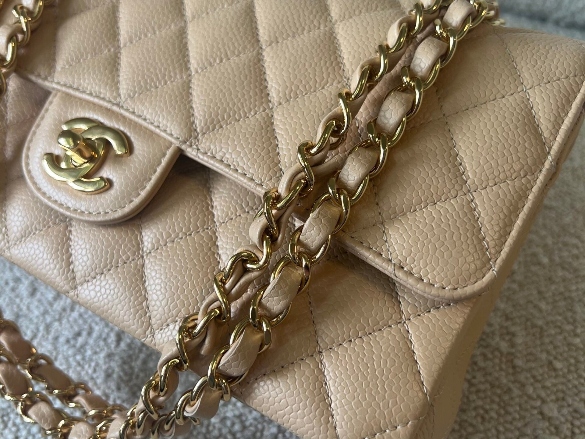 CHANEL Handbag Beige Clair Caviar Quilted Classic Flap Medium GHW - Redeluxe