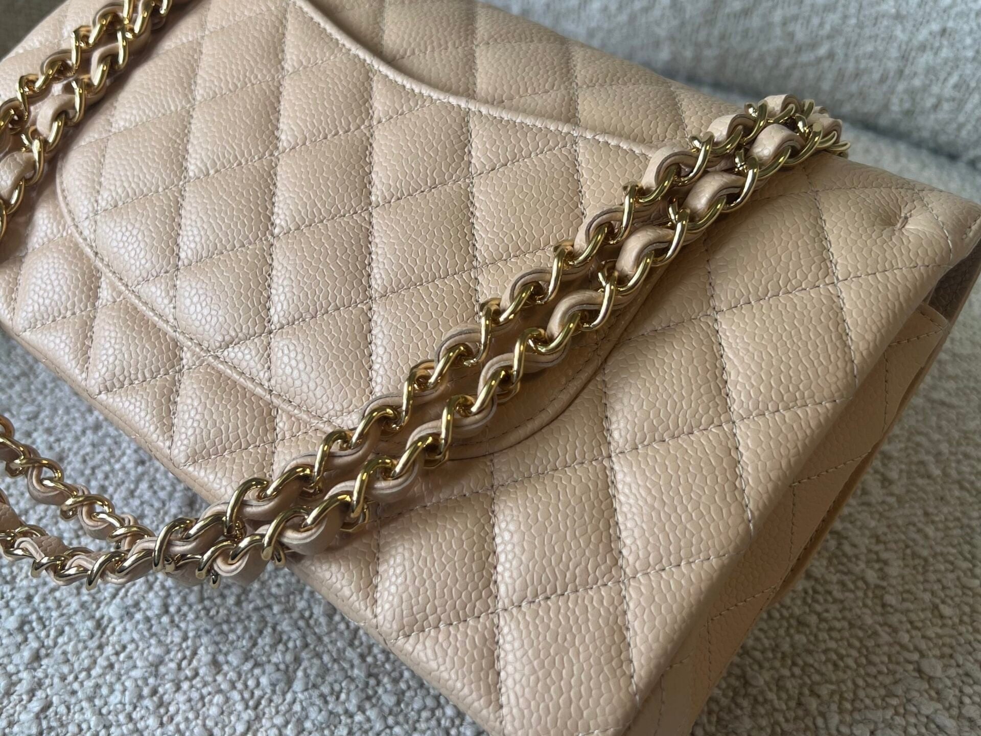 CHANEL Handbag Beige Clair Caviar Quilted Classic Flap Medium GHW - Redeluxe
