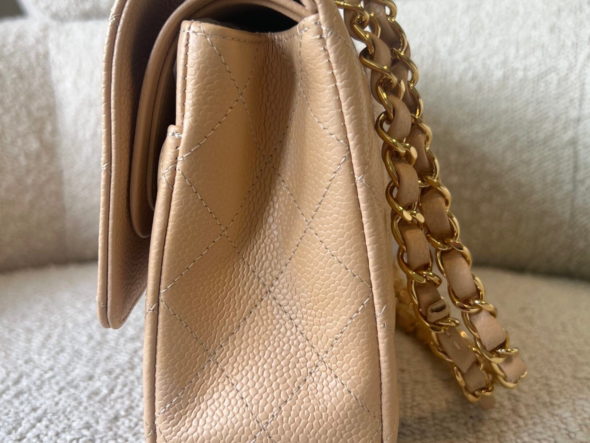 CHANEL Handbag Beige Clair Caviar Quilted Classic Flap Medium GHW - Redeluxe
