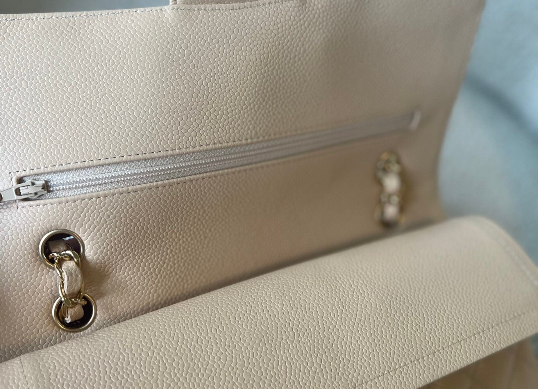 CHANEL Handbag Beige Clair Caviar Quilted Classic Flap Medium GHW - Redeluxe