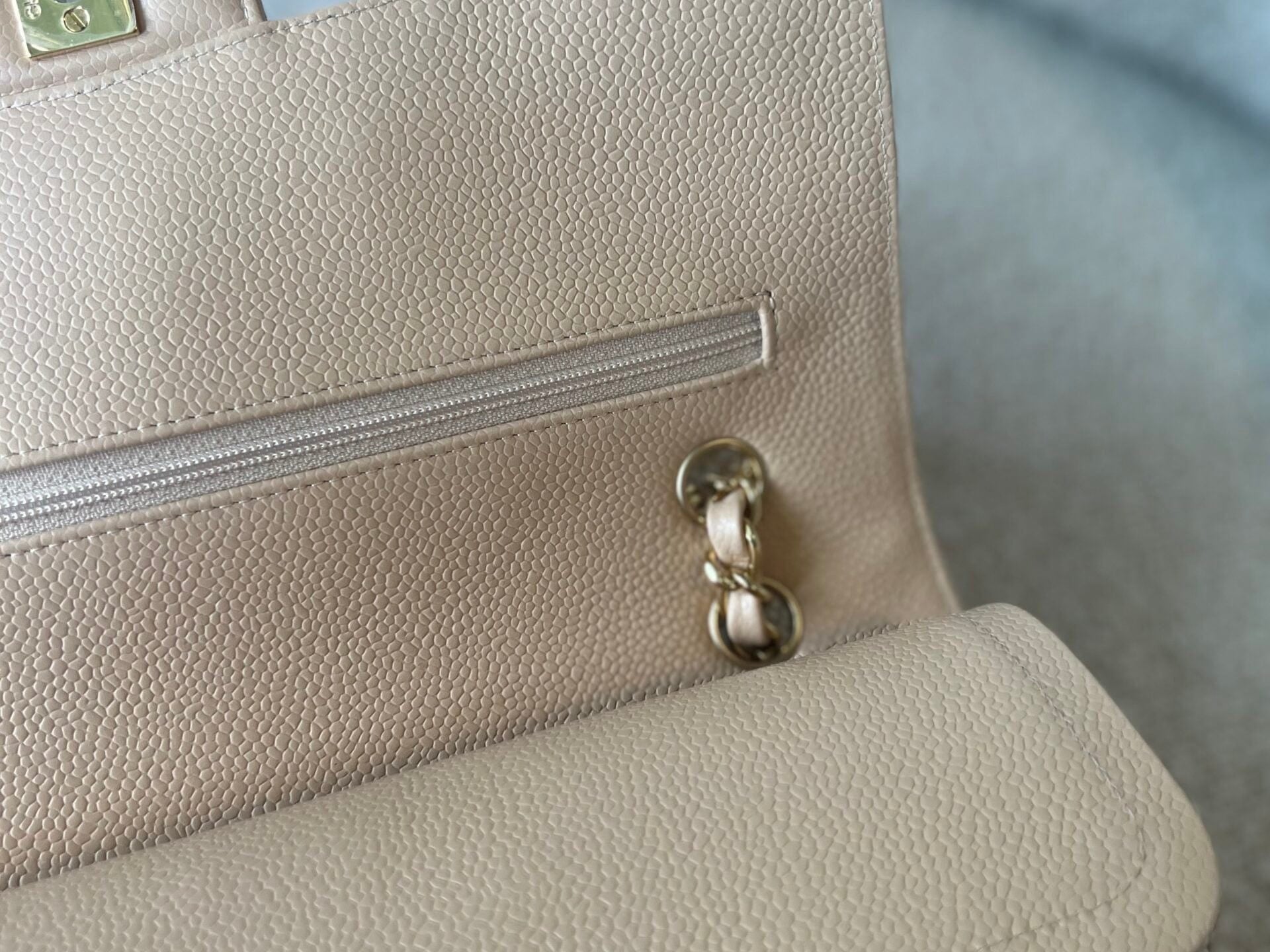 CHANEL Handbag Beige Clair Caviar Quilted Classic Flap Medium GHW - Redeluxe