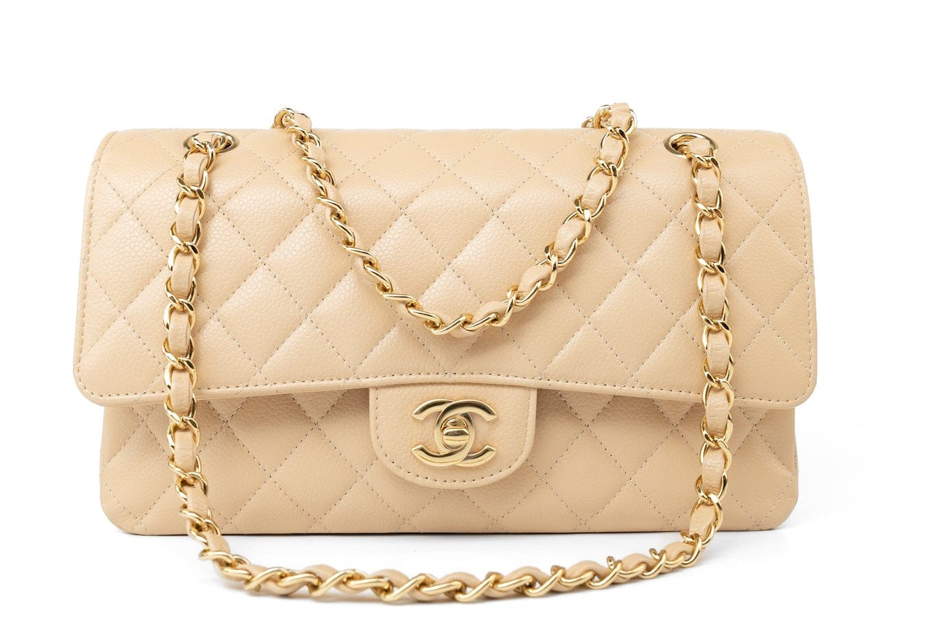 CHANEL Handbag Beige Clair Caviar Quilted Classic Flap Medium Gold Hardware - Redeluxe
