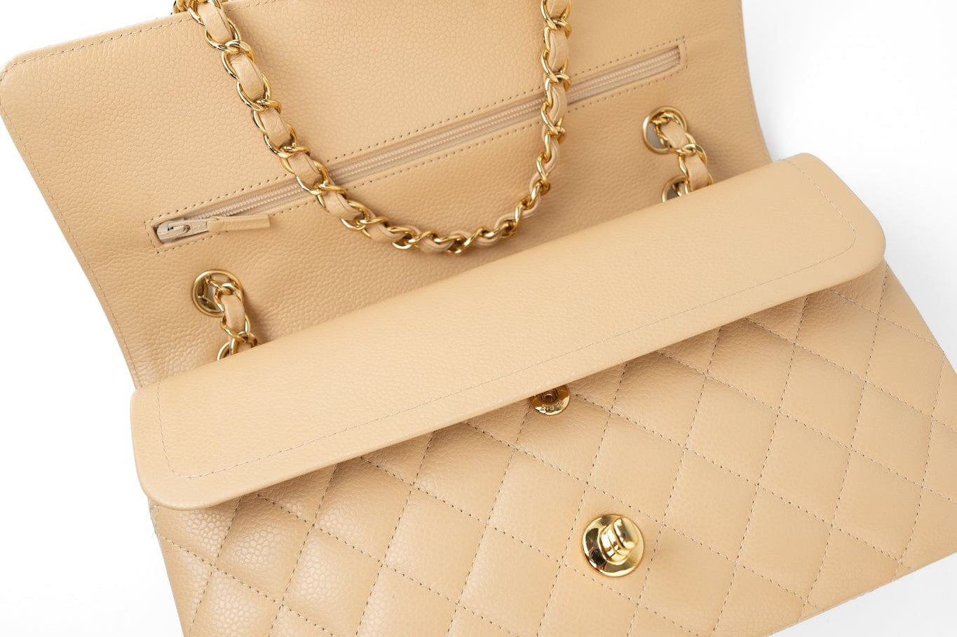 CHANEL Handbag Beige Clair Caviar Quilted Classic Flap Medium Gold Hardware - Redeluxe
