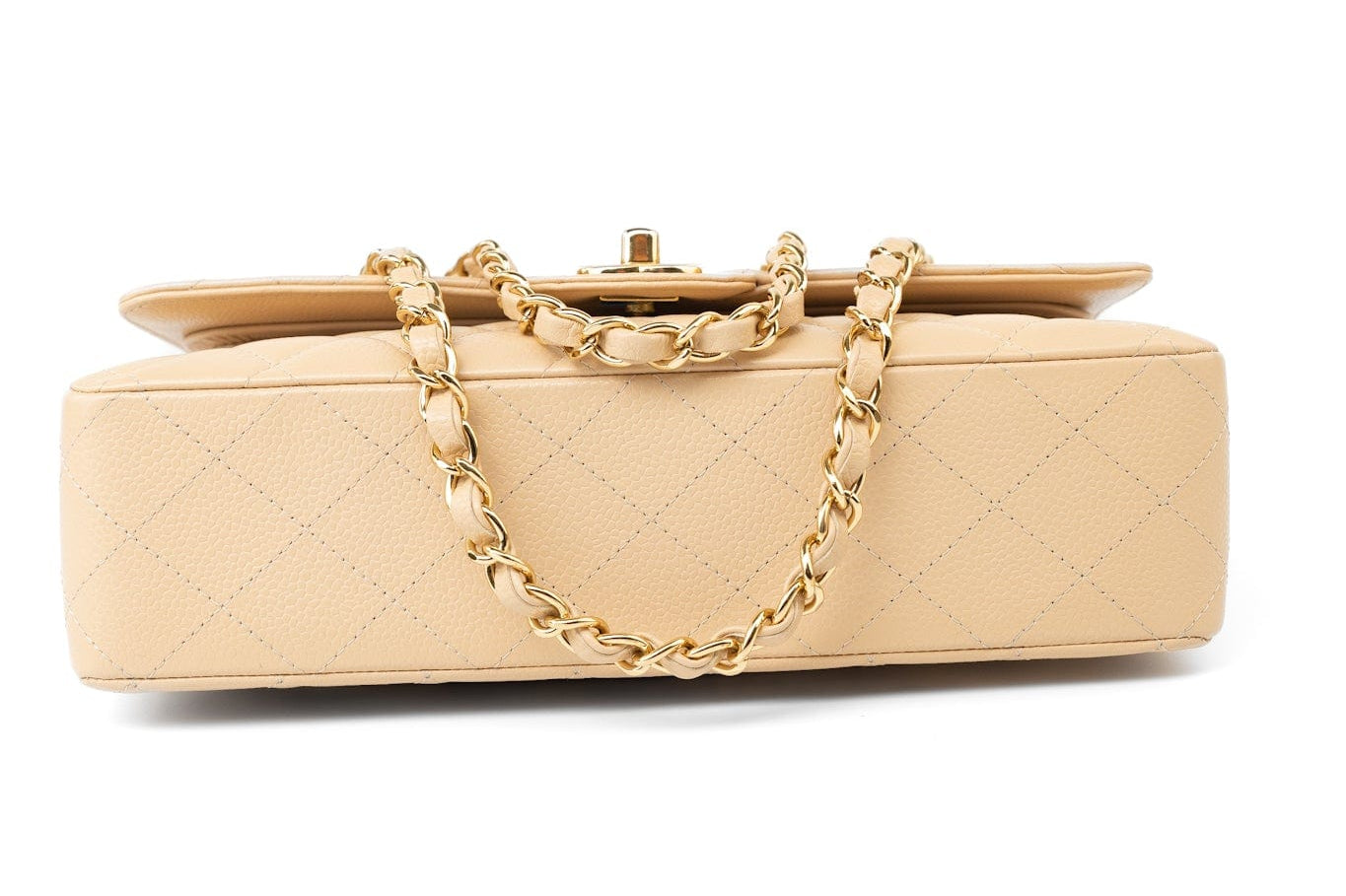 CHANEL Handbag Beige Clair Caviar Quilted Classic Flap Medium Gold Hardware - Redeluxe