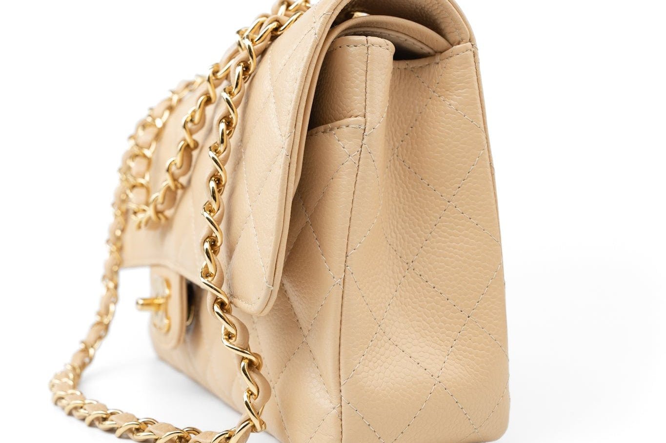CHANEL Handbag Beige Clair Caviar Quilted Classic Flap Medium Gold Hardware - Redeluxe