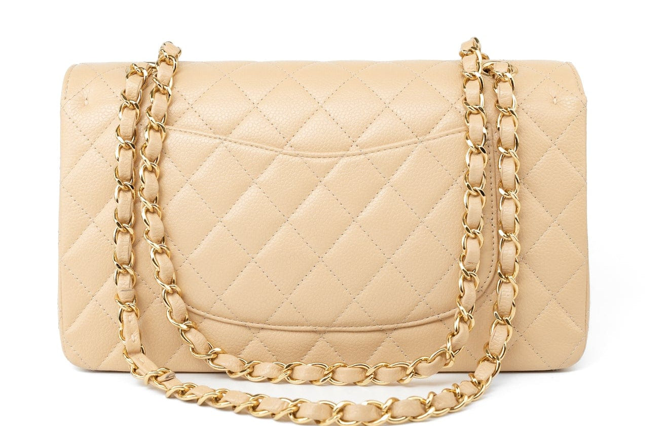 CHANEL Handbag Beige Clair Caviar Quilted Classic Flap Medium Gold Hardware - Redeluxe