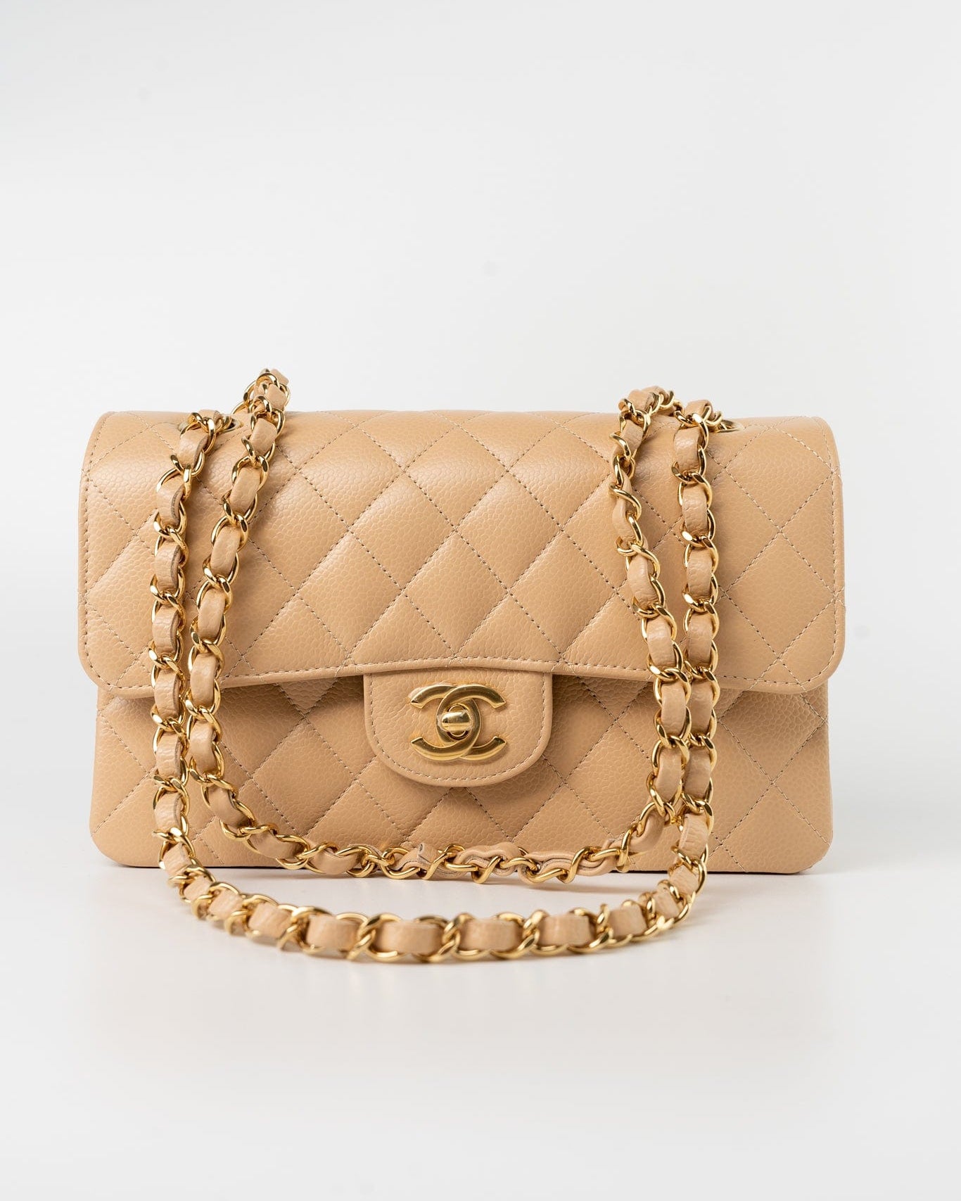 CHANEL Handbag Beige Clair Caviar Quilted Classic Flap Small Gold Hardware - Redeluxe