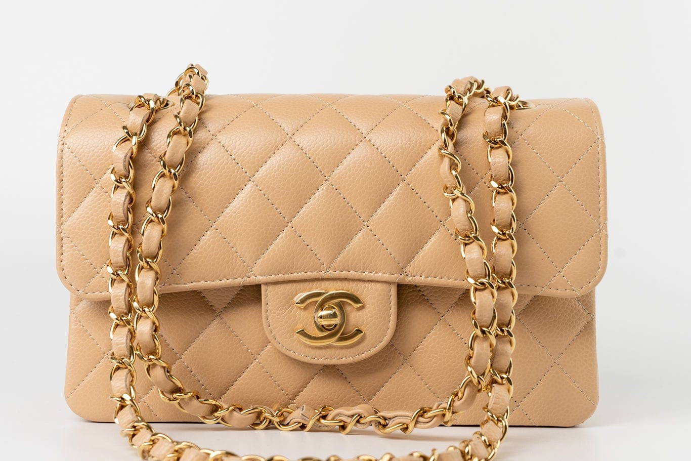 CHANEL Handbag Beige Clair Caviar Quilted Classic Flap Small Gold Hardware - Redeluxe