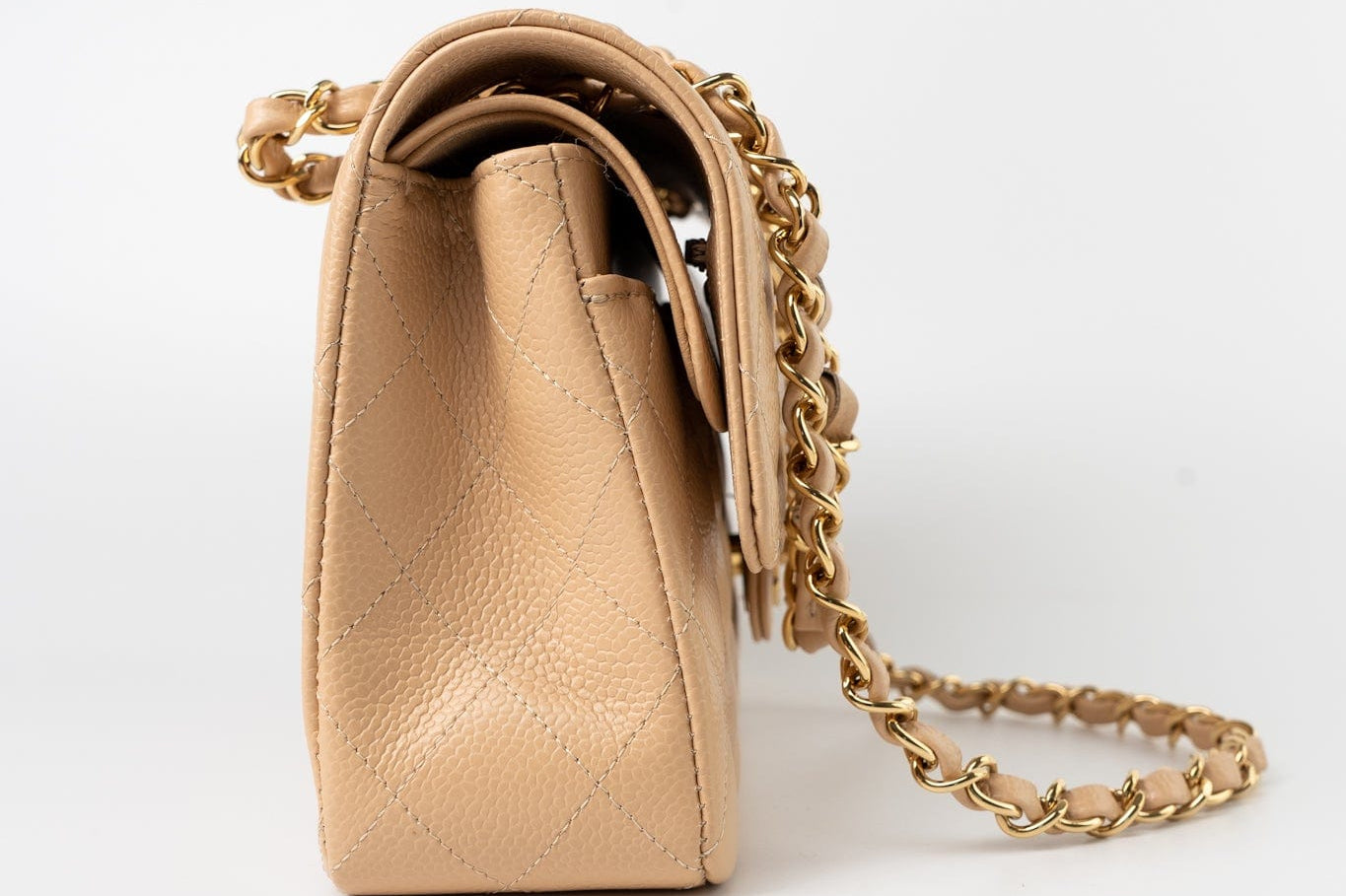 CHANEL Handbag Beige Clair Caviar Quilted Classic Flap Small Gold Hardware - Redeluxe