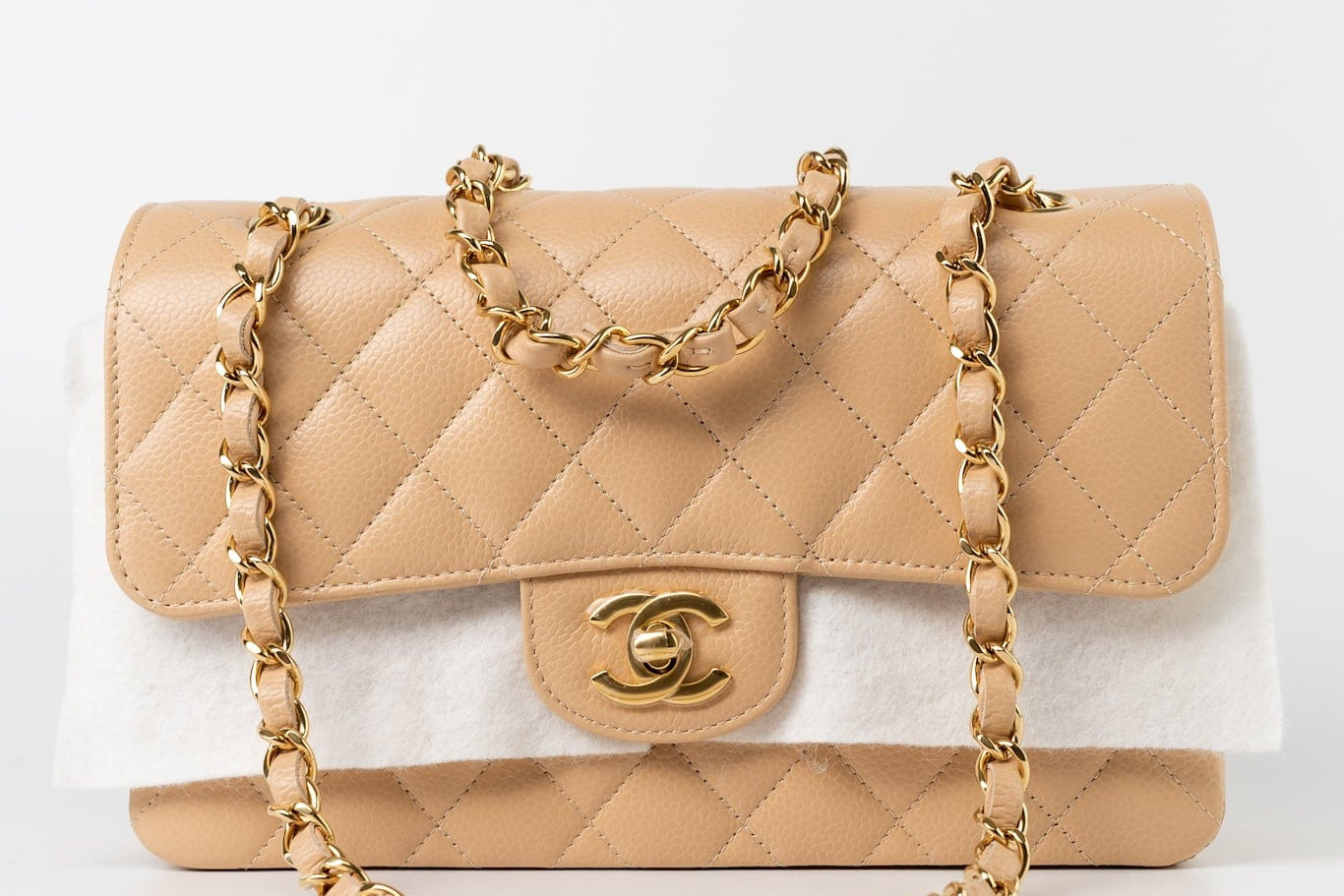 CHANEL Handbag Beige Clair Caviar Quilted Classic Flap Small Gold Hardware - Redeluxe