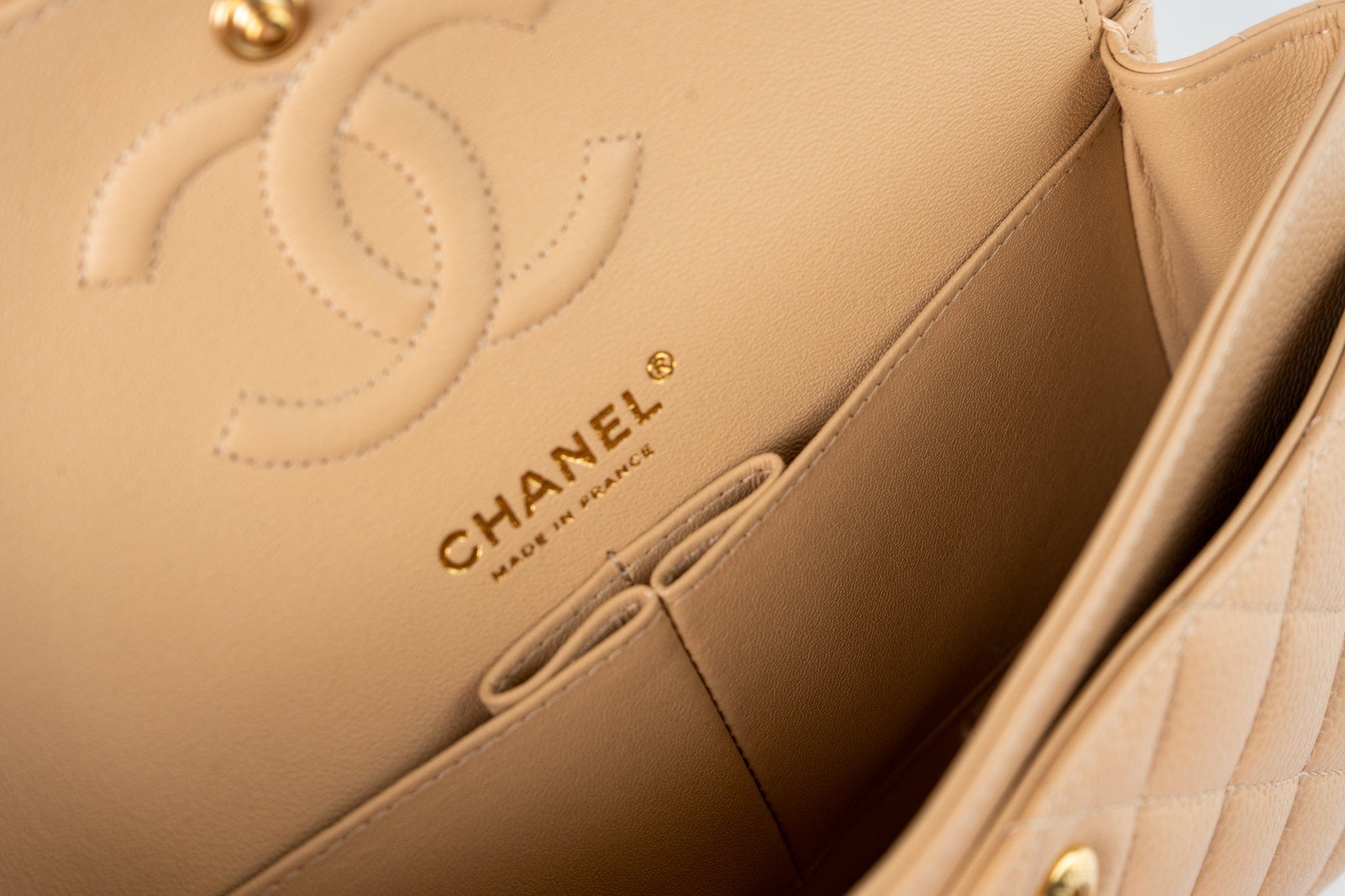 CHANEL Handbag Beige Clair Caviar Quilted Classic Flap Small Gold Hardware - Redeluxe