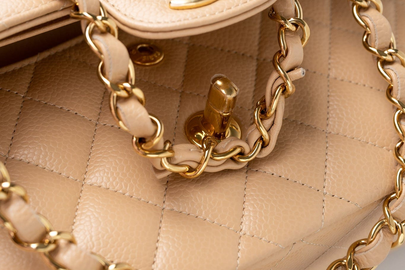 CHANEL Handbag Beige Clair Caviar Quilted Classic Flap Small Gold Hardware - Redeluxe