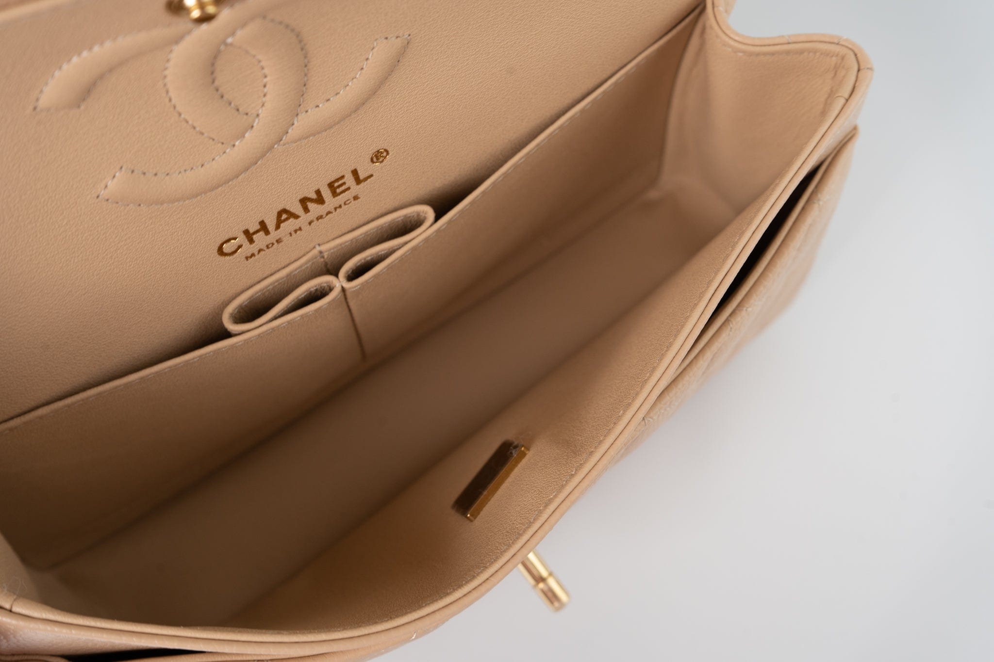 CHANEL Handbag Beige Clair Caviar Quilted Classic Flap Small Gold Hardware - Redeluxe