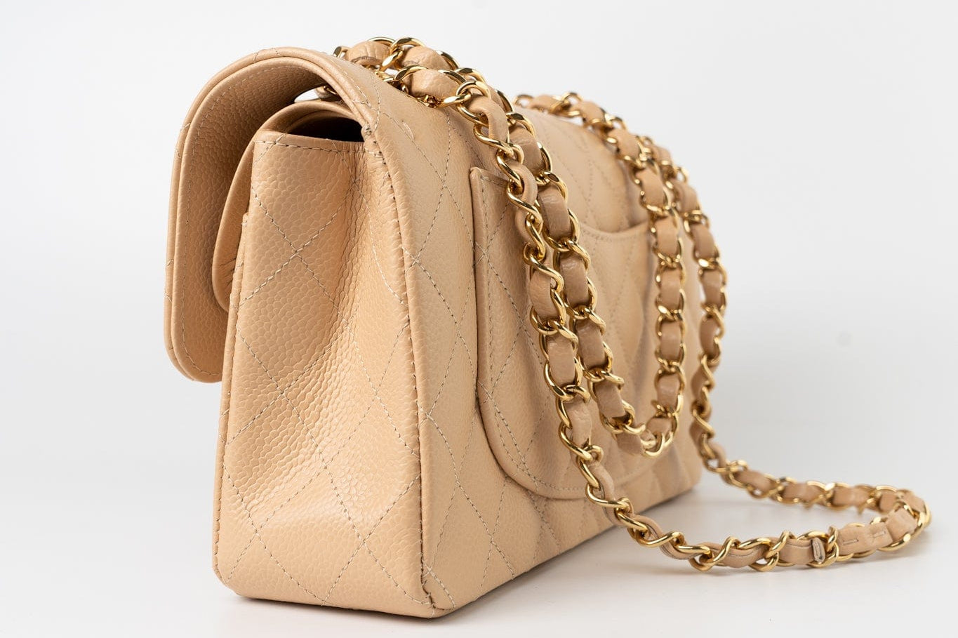 CHANEL Handbag Beige Clair Caviar Quilted Classic Flap Small Gold Hardware - Redeluxe