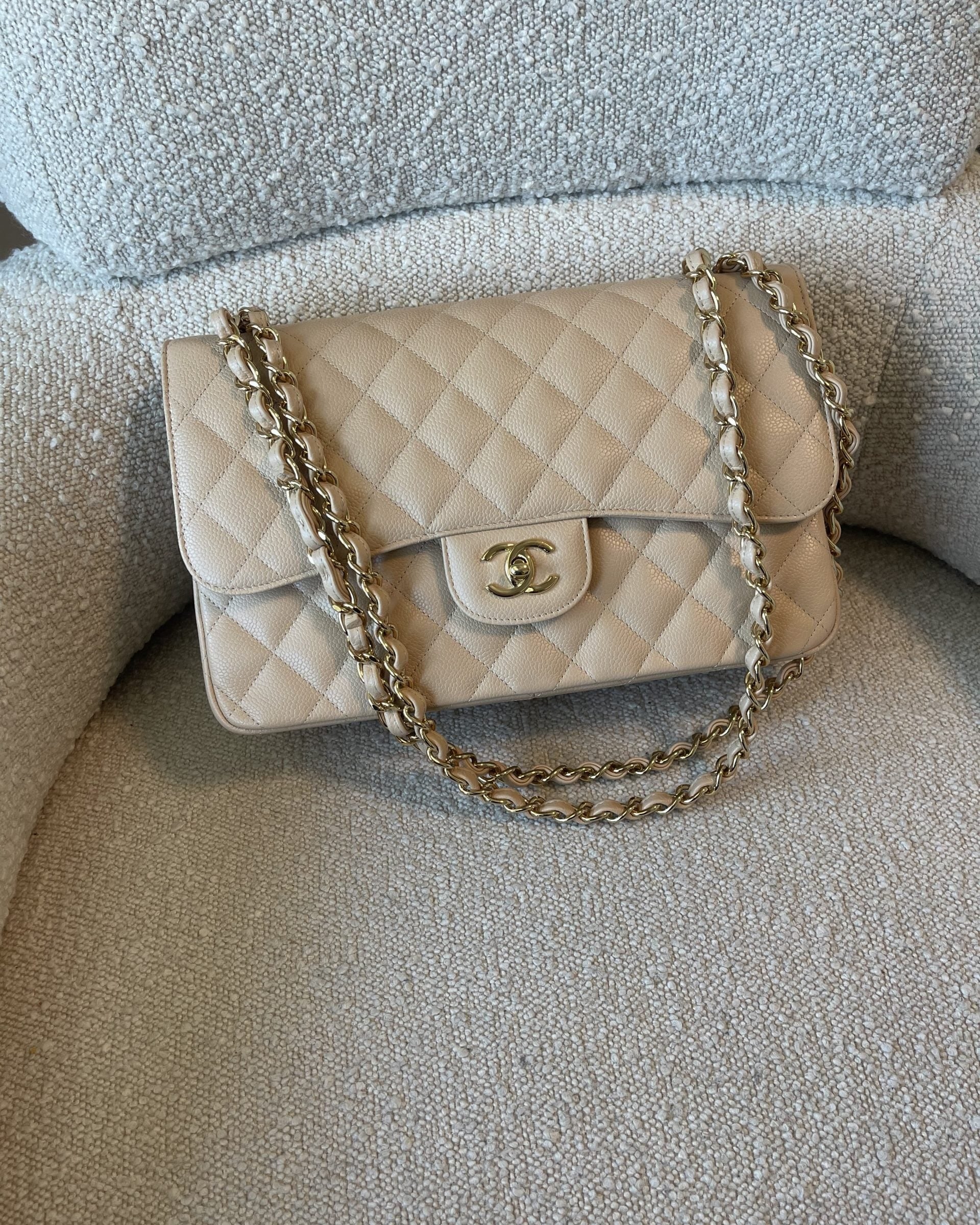 CHANEL Handbag Beige Clair Caviar Quilted Jumbo Classic Flap LGHW - Redeluxe