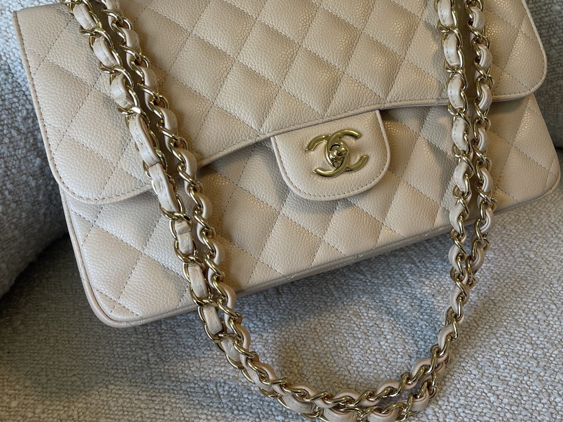 CHANEL Handbag Beige Clair Caviar Quilted Jumbo Classic Flap LGHW - Redeluxe