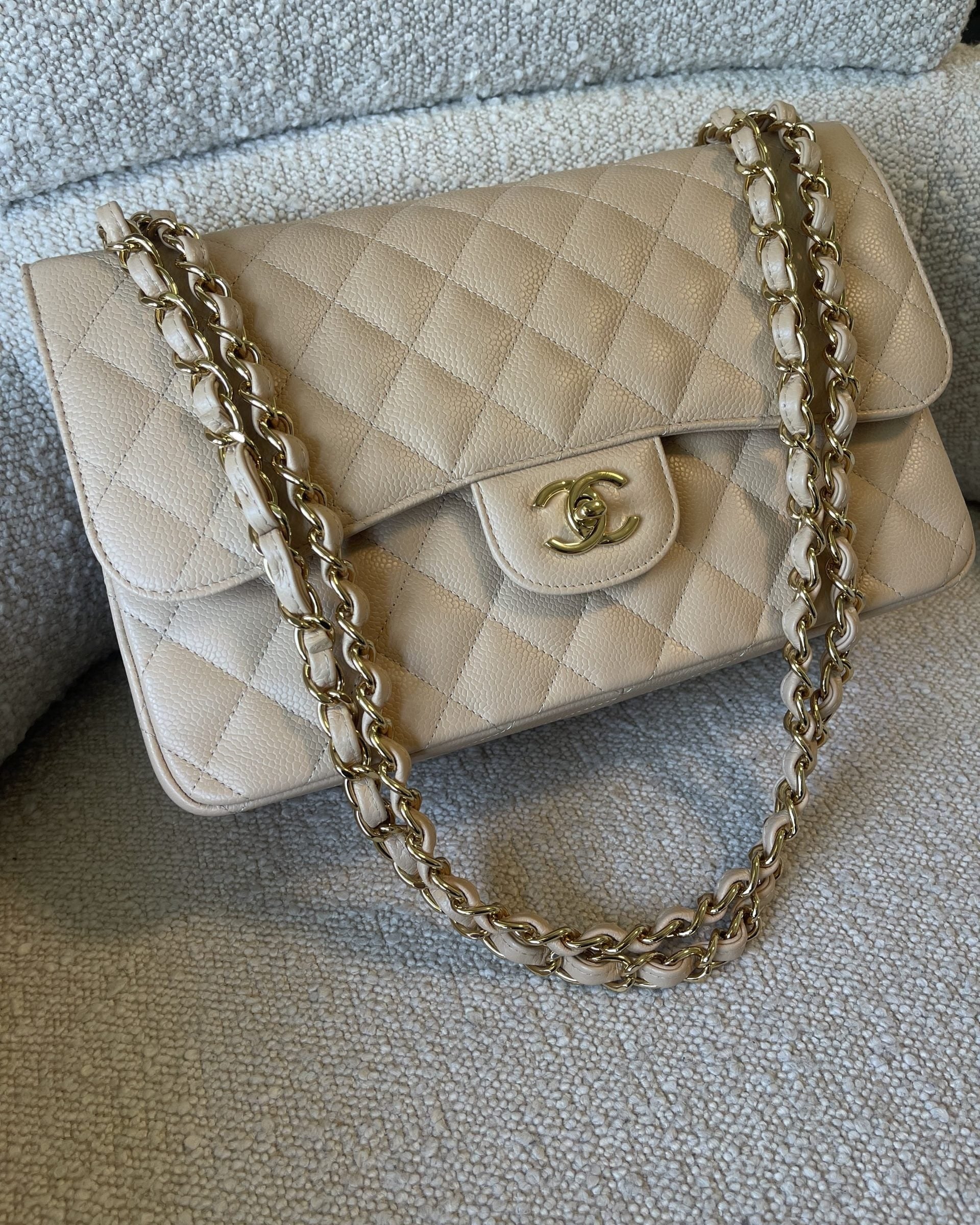 CHANEL Handbag Beige Clair Caviar Quilted Jumbo Classic Flap LGHW - Redeluxe