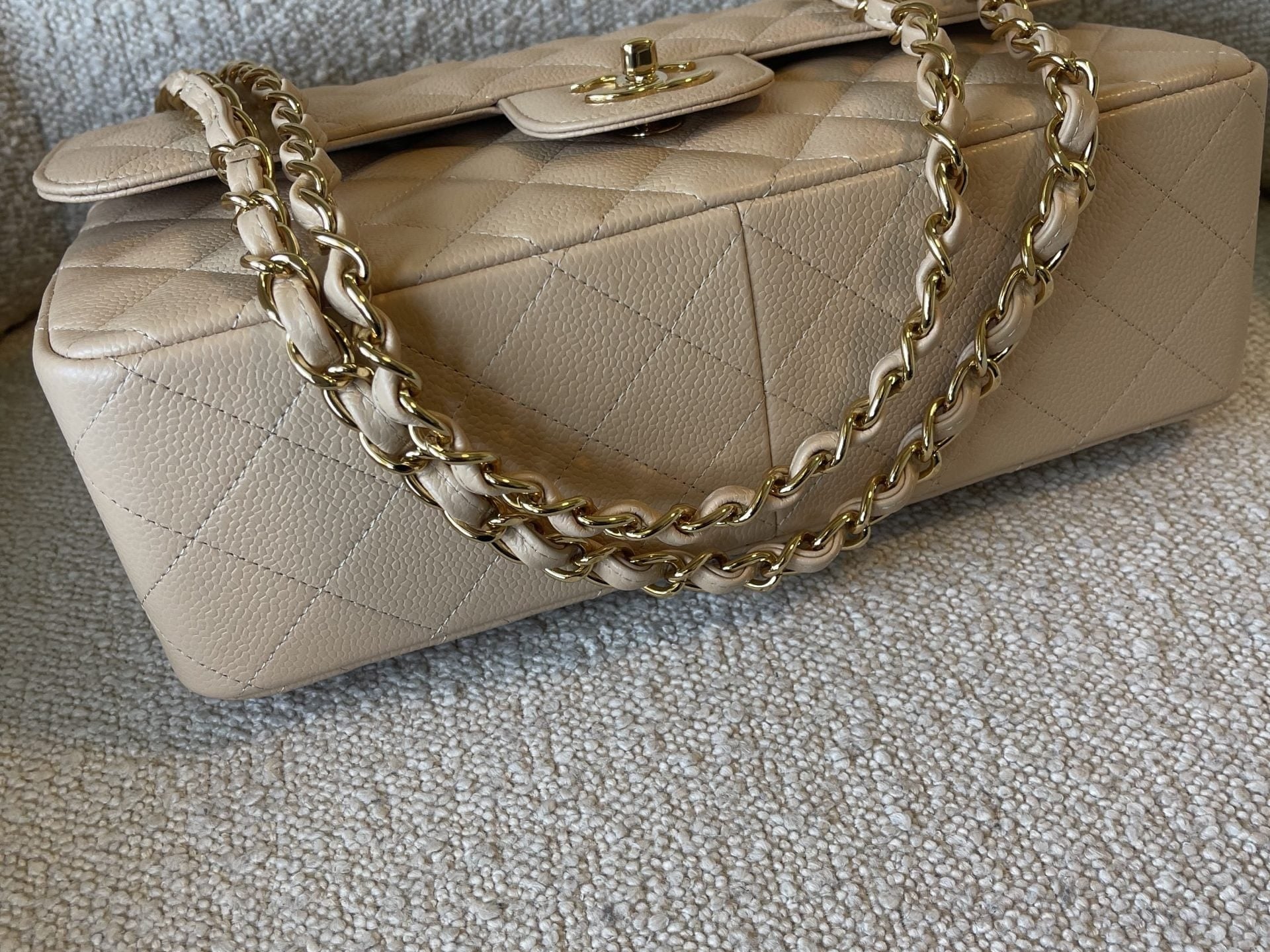CHANEL Handbag Beige Clair Caviar Quilted Jumbo Classic Flap LGHW - Redeluxe