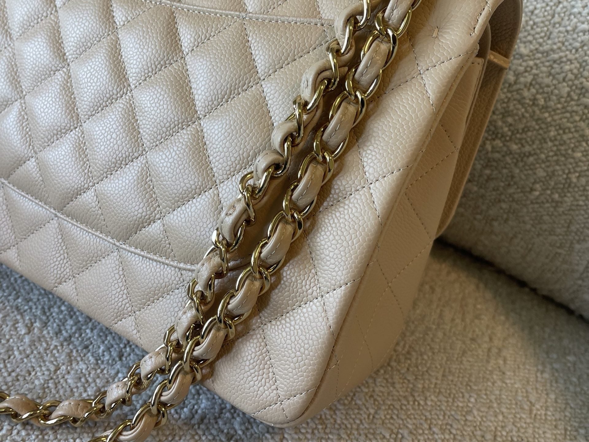 CHANEL Handbag Beige Clair Caviar Quilted Jumbo Classic Flap LGHW - Redeluxe
