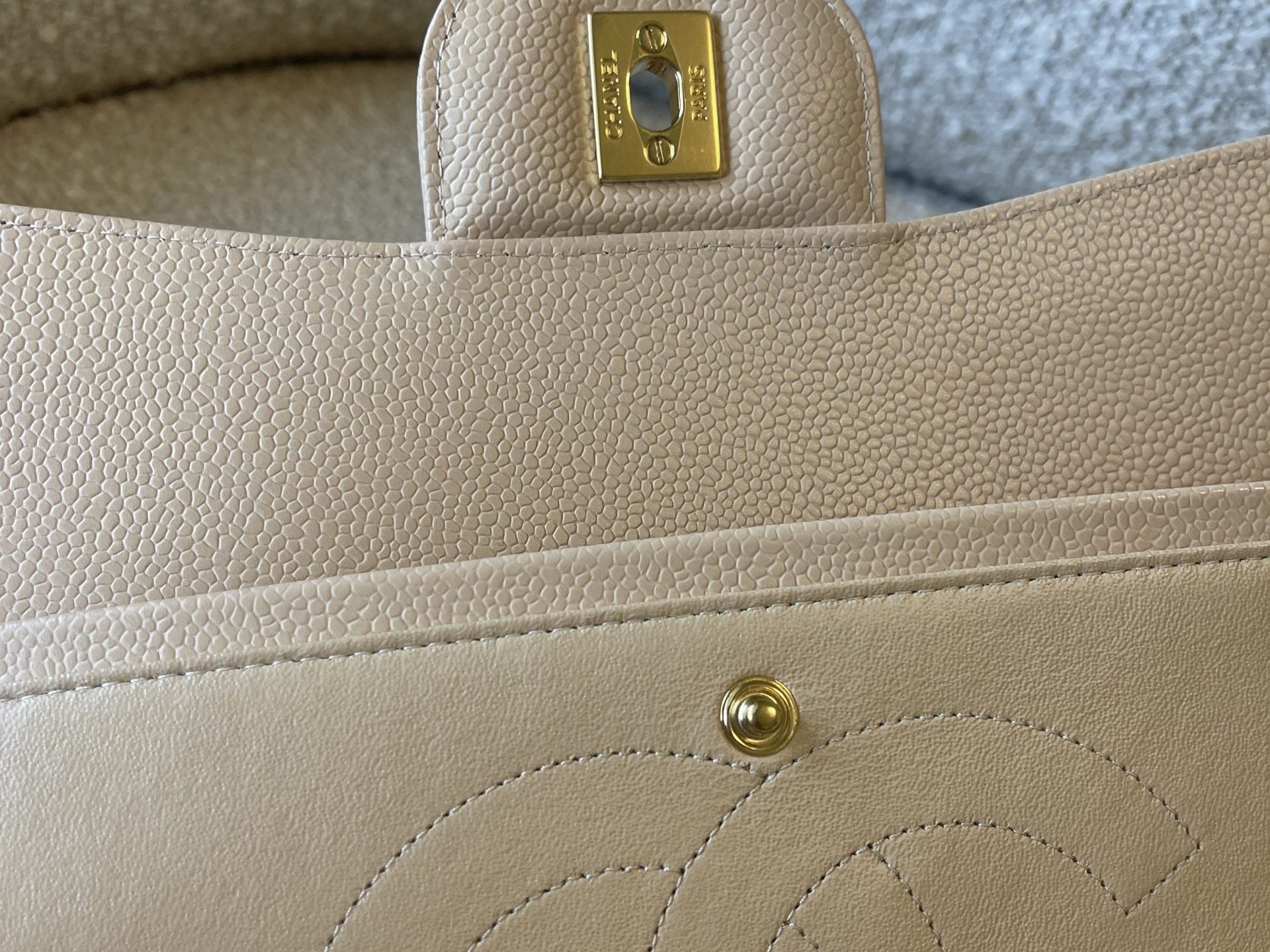 CHANEL Handbag Beige Clair Caviar Quilted Jumbo Classic Flap LGHW - Redeluxe