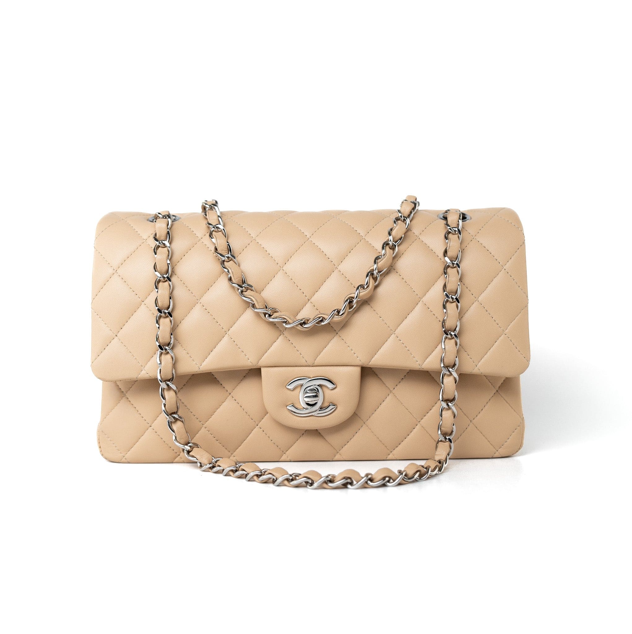 CHANEL Handbag Beige Clair Lambskin Quilted Classic Flap Medium Silver Hardware - Redeluxe