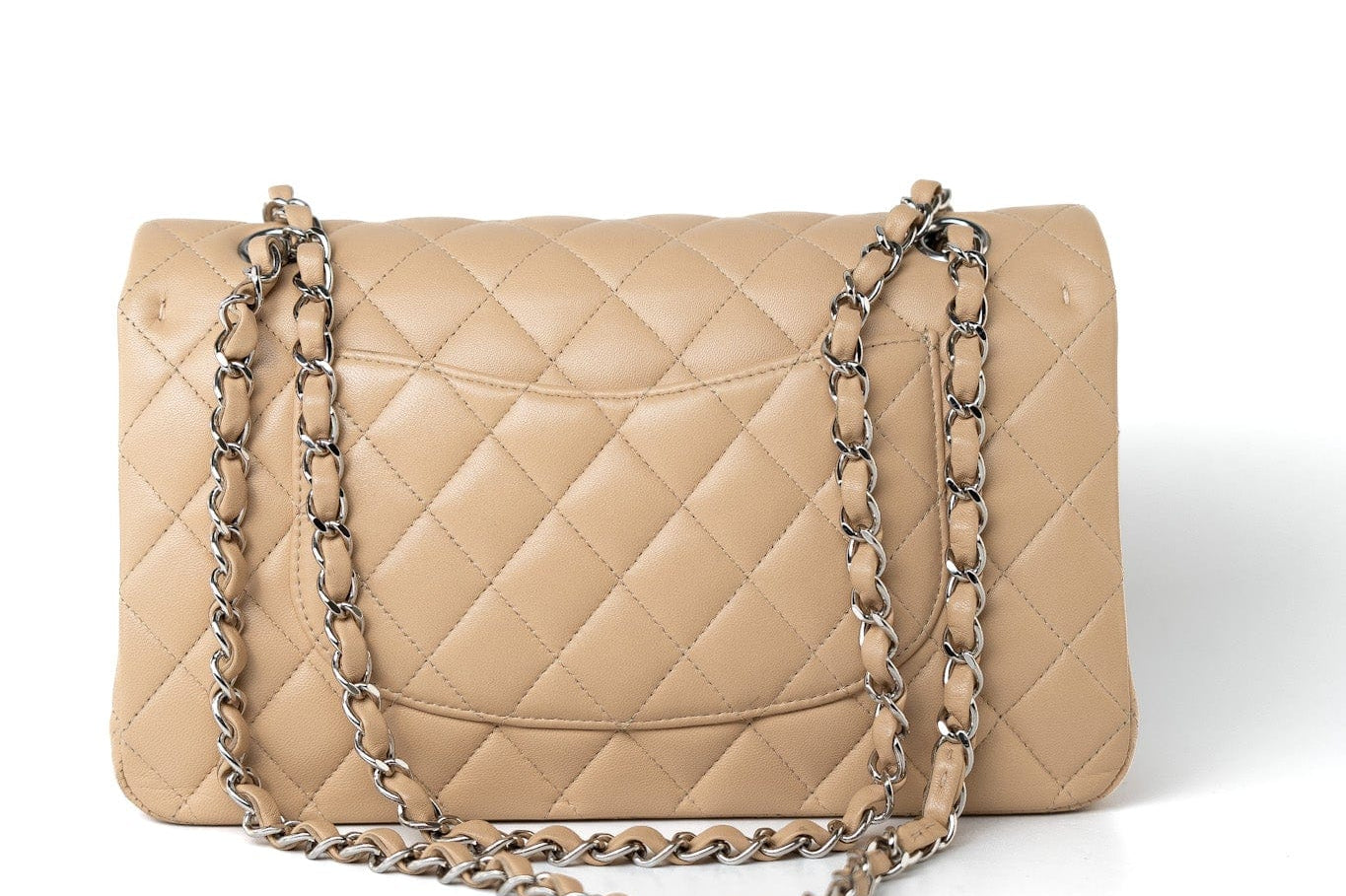 CHANEL Handbag Beige Clair Lambskin Quilted Classic Flap Medium Silver Hardware - Redeluxe