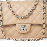 CHANEL Handbag Beige Clair Lambskin Quilted Classic Flap Medium Silver Hardware - Redeluxe