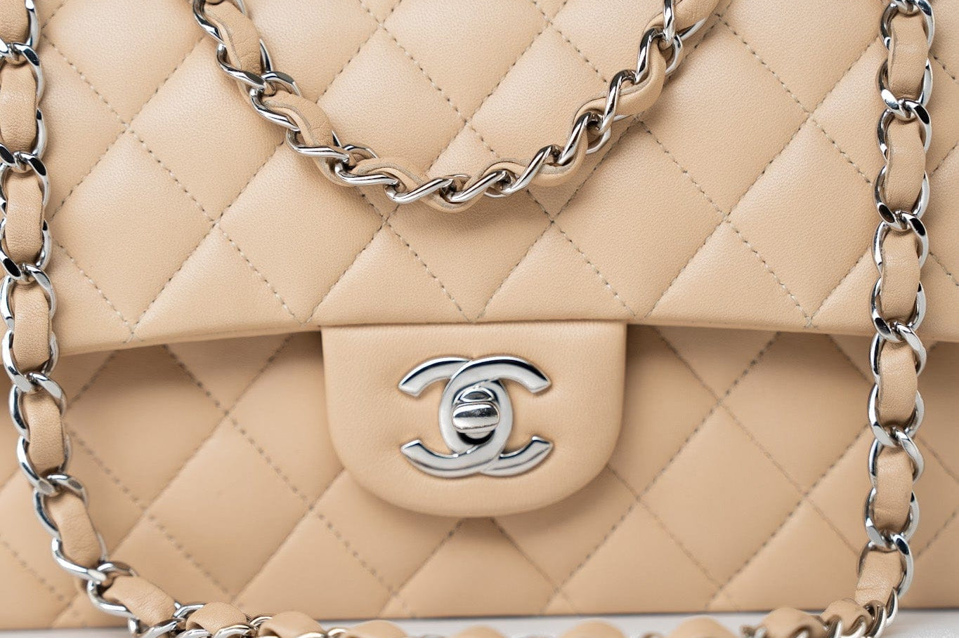 CHANEL Handbag Beige Clair Lambskin Quilted Classic Flap Medium Silver Hardware - Redeluxe